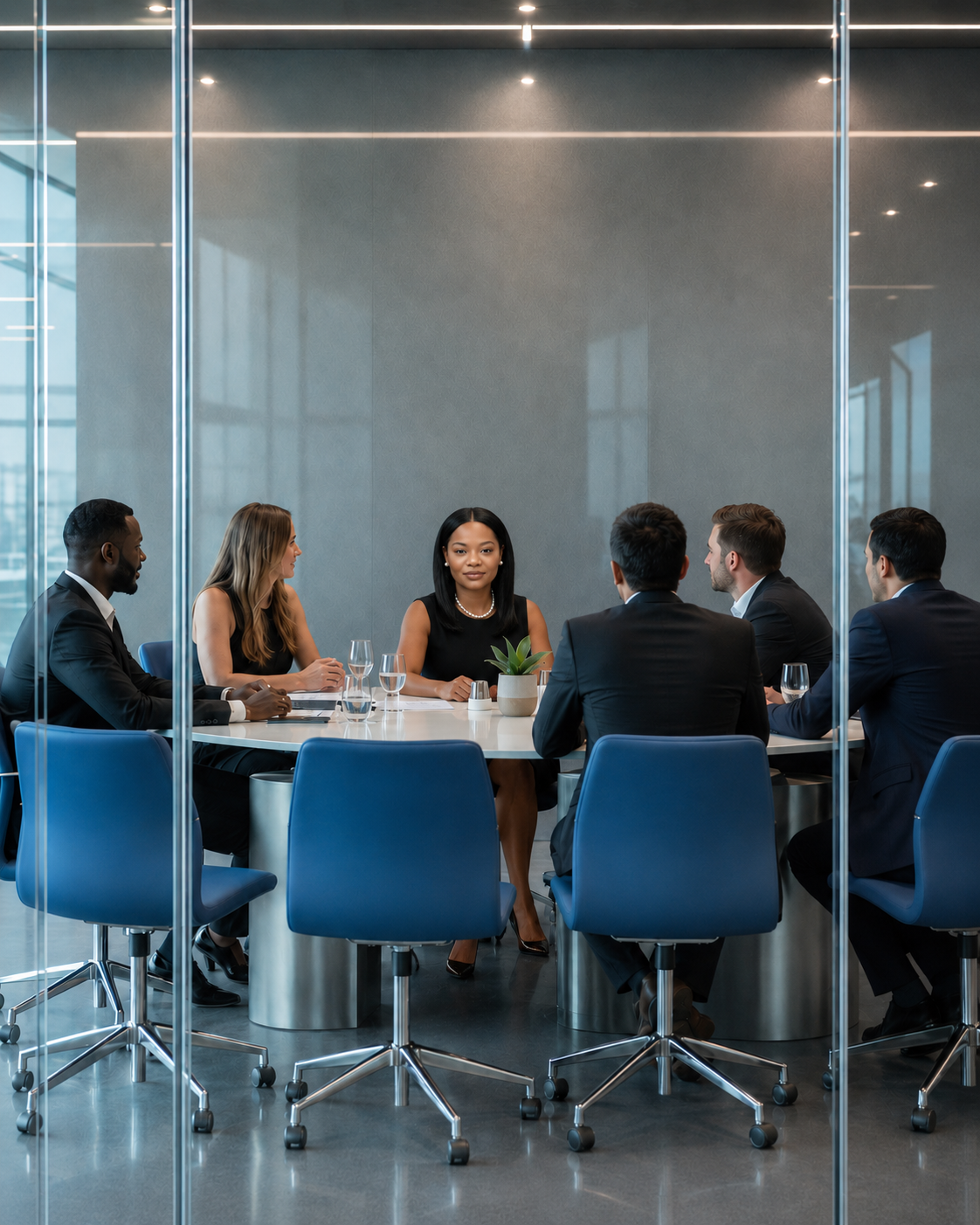 Rachael Clark leading a professional business meeting in a glass conference room